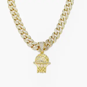 Iced Out Rapper Jewelry 15mm de ancho cadena cubana aleación y Bling Rhinestone Hip Hop baloncesto aro colgante collar