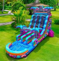 Toboggan aquatique gonflable commercial à double voie Hibiscus Palm Tree avec piscine pour fêtes