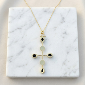 Cross Pendant Necklace Black Onyx Oval & Pear Gemstone 18k Gold Plated Brass Minimalist Religious Jewelry Necklace For Unisex - Product Image 6