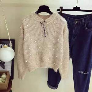<span class=keywords><strong>Pull</strong></span> court en maille à col rond pour femme, orné de perles et de pompons, style décontracté et tendance, chaud pour l'automne et l'hiver - Product Image 3
