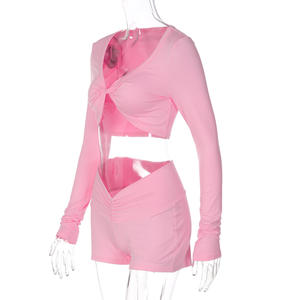 Viviblook Z0105ST02 <b>Women</b> Two Piece Set New Solid Color Twisted Long Sleeved Crop Top <b>Tight</b> Shorts Sports Yoga Suit For <b>Women</b> - Product Image 3