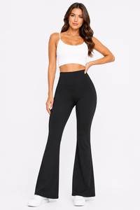 Pantaloni Yoga a Vita Alta e Gamba Larga, Neri, Senza Cuciture, Lunghezza Intera, Vita Elastica, in Spandex e Poliestere, Abbigliamento Sportivo da Donna - Product Image 1