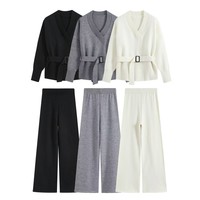 Ensemble 2 pièces PB&ZA Femme 2026 – Pull tricoté à manches longues avec ceinture et pantalon long – Tenue décontractée vintage unie pour femme