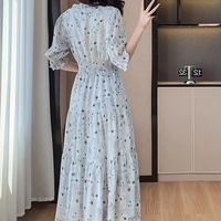 Nouvelle Robe Longue Élégante Femme Imprimé Floral Volants Coupe Trapèze pour l'Été