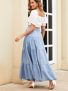 Nuova Gonna Lunga in Denim da Donna, <span class=keywords><strong>Taglie</strong></span> <span class=keywords><strong>Forti</strong></span>, con Cerchi, Prodotta da Produttore di Abbigliamento in Denim - Product Image 3