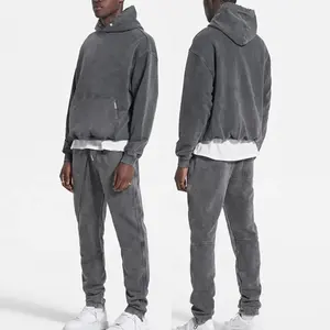 Üretici özel erkek ağır asit yıkama Hoodie ve Sweatpants erkekler için set düz boş vintage eşofman takımlar eşofman