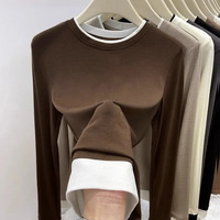Nueva Camiseta Interior de Manga Larga con Cuello Redondo para Mujer, Diseño de Dos Piezas en Color de Contraste, de Forro Polar Autocalentable, para Primavera, Otoño e Invierno