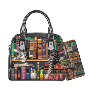 Bolsa feminina de luxo com estampa de gato, bolsa feminina feita em couro sintético de poliuretano com desenho animado em 3d