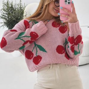 Pull-over col rond pour femme, collection automne-<span class=keywords><strong>hiver</strong></span>, jacquard <span class=keywords><strong>cerise</strong></span>, ample, manches longues, nouvelle collection, tricoté, <span class=keywords><strong>d</strong></span>écontracté, devant - Product Image 1