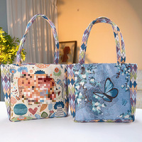 Sac fourre-tout en toile style ethnique à motif diamant, broderie jacquard double face à fil doré, fermeture éclair traditionnelle à bandoulière unique