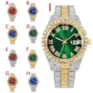 Watch Set Bling Fully Iced Out Silver Gold Blue Dial Quartz Diamond Watches Men Wrist Watch And Cuban Chains