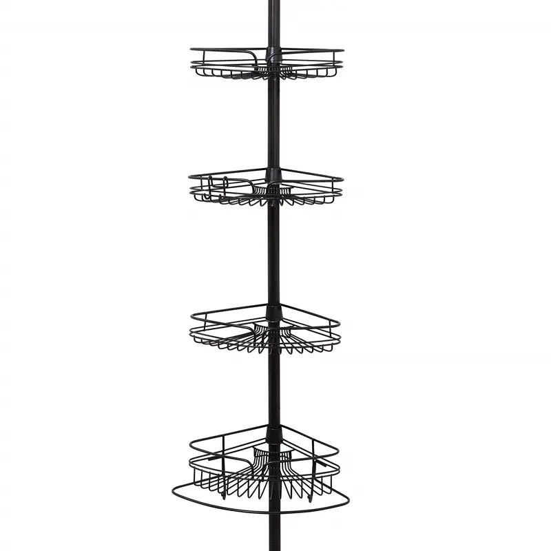 Silver Black 4 Pole Wall Rack Storage Organizer Stainless Steel 4 Tier Telescopic Corner Shower Shelf Caddy Hanging for Bathroom