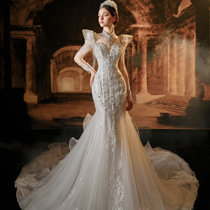 Vestido de Noche Largo de Sirena para Mujer, Modelo LSMX005, Moderno y Lujoso, con Apliques de Flores de Cristal y Encaje con Pedrería, Manga Larga y Cola de Corte - Product Image 5