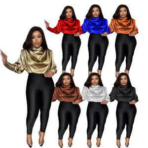 Modeste mode dame brillant solide chemise manches longues élégant robe de soirée haut pour les femmes T123 - Product Image 2