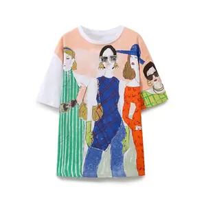 Zatrhmbm camiseta feminina 2024 nova moda feminina com padrões retrô clássico básico gola redonda manga curta casual