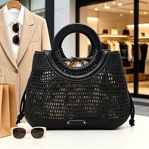 Stylish Vacation <b>Ladies</b> Black Mesh Woven Tote <b>Bag</b> Round Leather Handle Drawstring <b>Side</b> Beach Travel Handbag - Product Image 6