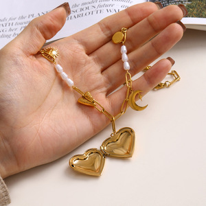 Heart Shape Gold Stainless Steel Pearl Pendant Necklace With Photo <b>Locket</b> For Gift - Product Image 4