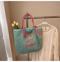Sac fourre-tout en paille tressée vert menthe fraîche, grande capacité, style vacances à la plage, fait main, vente en gros
