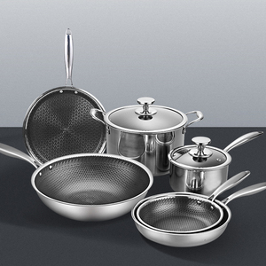 Juego de 8 piezas de ollas y sartenes de acero inoxidable triple OEM, con diseño de panal, resistentes a arañazos, que incluye sartén, wok, olla alta y cacerola. - Product Image 6