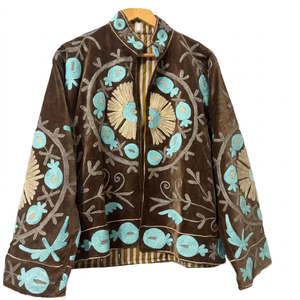 Embroidered <b>Quilted</b> Velvet Bomber <b>Jacket</b> Floral <b>Pattern</b> Mandarin Collar Full Sleeve Autumn Women's Handcrafted Cotton Design - Product Image 2