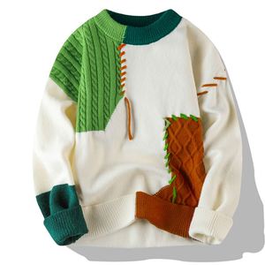 Pull en maille pour homme, col rond, style patchwork, demi-col roulé, pull en maille pour homme, pull de style couple avec doublure en polaire - Product Image 2