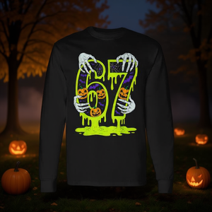 Six Seven Gen Alpha Halloween Skeleton T-shirt à manches longues Design Meme tendance - Product Image 3