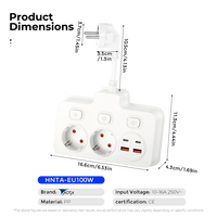 Extensor de Enchufe de Pared Estándar Europeo con Interruptores Independientes, 2 Tomas de Corriente Alterna + 2 Puertos USB-A + 2 Puertos de Carga Tipo-C, Certificado CE