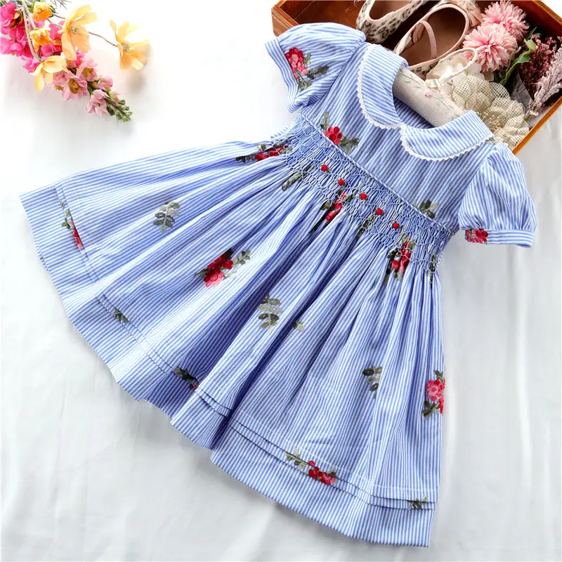 summer wholesale children smocked dresses for girls clothes striped 100 % cotton boutiques C22548