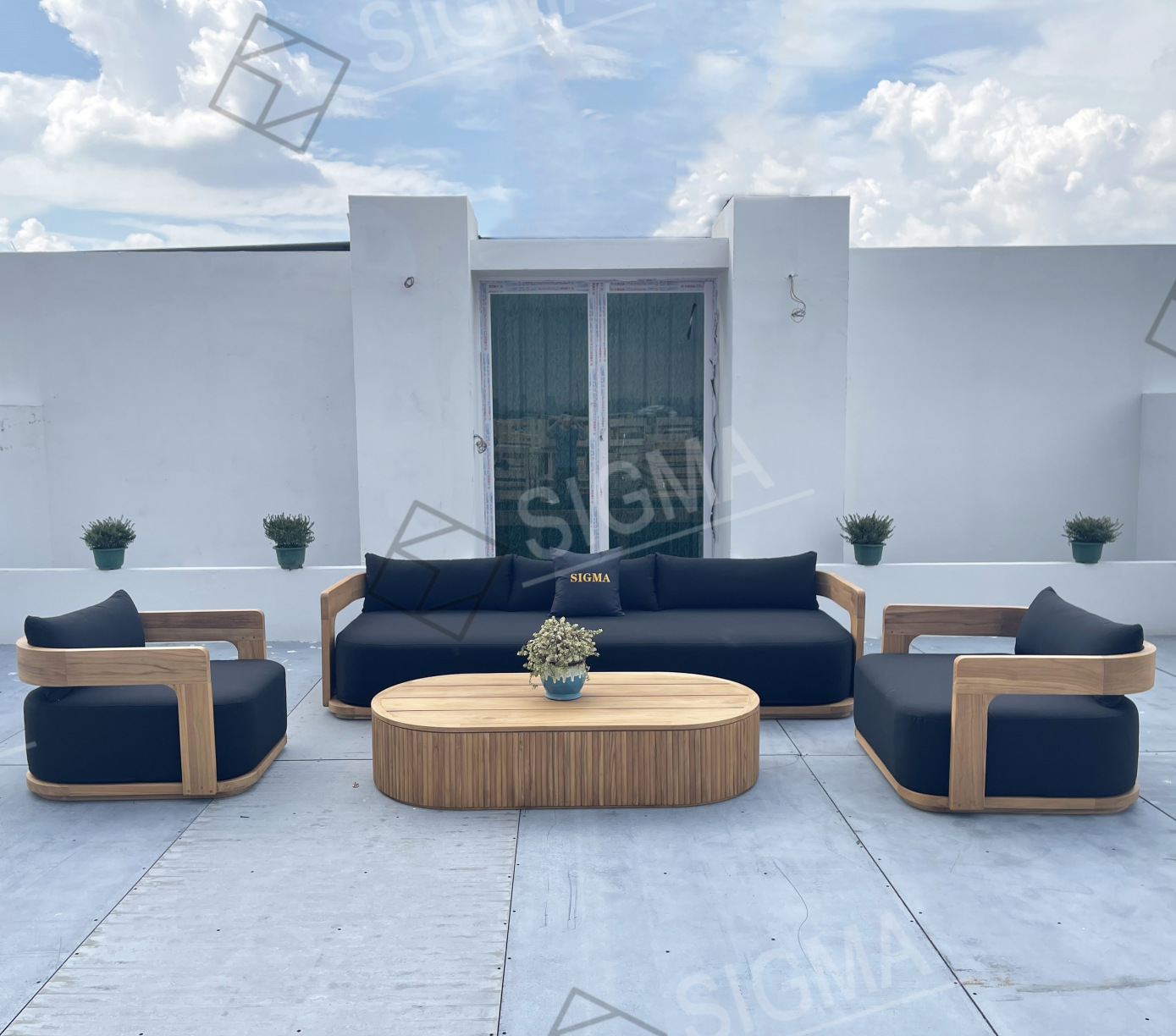 Sigma Luxury Furniture All Weather High Quality Patio Furniture Sofa Garden Solid Teak Wood Sofa Villa Hotel Outdoor Sofa Sets