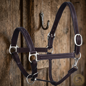 Genuine <b>Harness</b> Leather English Saddle Horse Halter Customizable Padded Noseband Headpiece Western Stitched Finish Nickel Brass - Product Image 3