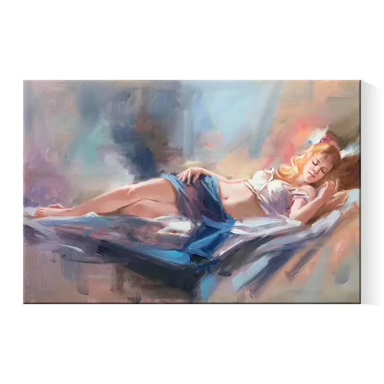 Modern Style Sleeping Beauty Western Yellow Hair Sweet Girl Handmade Abstract Oil Painting On Canvas For KTV Decoration