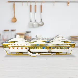 New Chafing Dish Buffet Set Porcelain 3pcs Saba Queen Ethiopian Design Rectangle Buffet Ceramic Food Warmer Set With iron frame