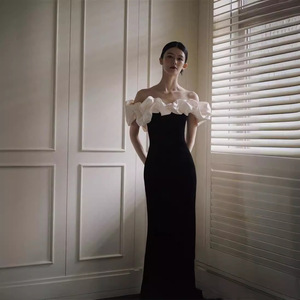 Off The Shoulder Black Mermaid Evening Dress With Ruffle Sleeves Slim Fit For Women - Product Image 2