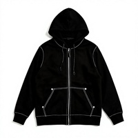 Sweat à capuche zippé noir pour homme, coupe oversize, 100 % coton tricoté, brodé, respirant, décontracté, streetwear printemps