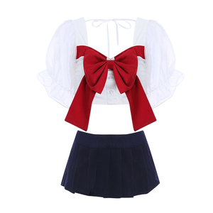 <span class=keywords><strong>Donne</strong></span> sexy cosplay scuola ragazze fiocco nodo maglia top e minigonna pieghettata gioco di ruolo studente <span class=keywords><strong>costume</strong></span> GR2678 - Product Image 3