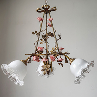 Lustre en verre antique doré Meerosee, hauteur réglable, blanc chaud, motif rose et campanule, pour salle à manger MD98101