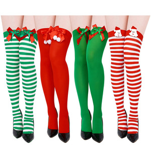 Bas de Noël montants jusqu'aux cuisses, rayés rouge et vert avec nœud et pompon, cadeau pour femme - Product Image 2