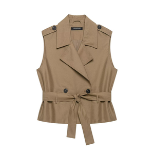 Gilet <span class=keywords><strong>Trench</strong></span> <span class=keywords><strong>Sans</strong></span> Manches Double Boutonnage <span class=keywords><strong>Kaki</strong></span> Personnalisé pour Femme, Manteau Utilitaire <span class=keywords><strong>Sans</strong></span> Manches Style Britannique avec Col Revers Ceinturé - Product Image 1