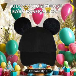 Casquette de baseball noire unie personnalisée à 6 panneaux pour enfants, motif sportif, oreilles de souris, imperméable, broderie 3D, impression en relief, quatre motifs - Product Image 2