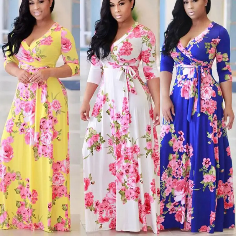 Gaun Wanita Lengan Panjang Motif Bunga Ukuran Besar, Gaun Maxi Ukuran Plus Bahan Afrika untuk Wanita