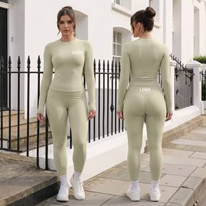 Conjunto Deportivo de Manga Corta para <span class=keywords><strong>Mujer</strong></span> con Logotipo Personalizado, Top Corto con Cuello Redondo y Sensación de Segunda Piel, Leggings de Cintura Alta con Control de Abdomen, Ropa Deportiva - Product Image 1
