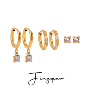 Aros de acero inoxidable Yueli con diamantes de imitación para mujer, conjunto de joyería de moda. - Product Image 1