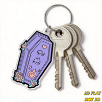 Porte-clés en acrylique 'Rot in Hell' avec cercueil violet et fleurs, breloque de sac gothique et accessoire pour porte-clés pour la mode alternative