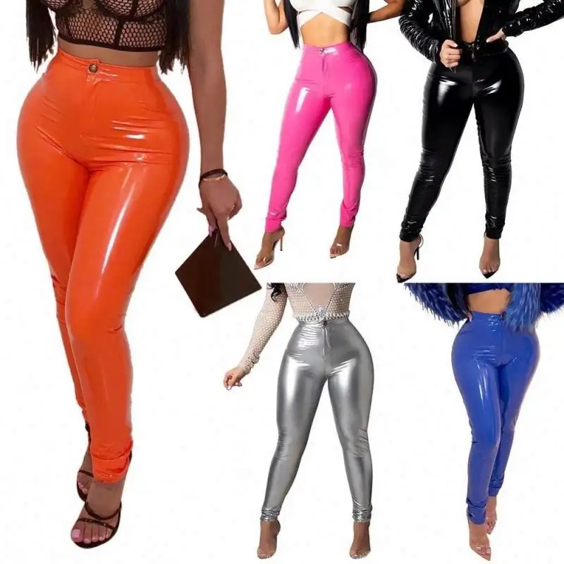 Vente chaude européenne et américaine pantalon en cuir pu brillant couleur unie taille haute leggings élastiques femmes
