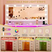 Grand miroir de coiffeuse moderne en bois avec éclairage LED 3 couleurs, plateau en verre transparent, 9 tiroirs, étagère ouverte et prise de courant pour chambre à coucher (pour femmes)