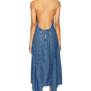 Robe en jean décontractée brodée de fleurs, en fausse fourrure écologique, respirante, longueur maxi, avec dentelle ajourée pour les journées d'été - Product Image 2