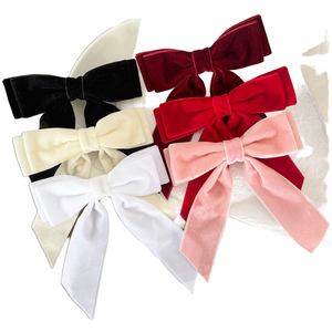 여성과 소녀를위한 패브릭 포니 테일 롱 리본 헤어 리본 헤어 리본 어린이를위한 학교 액세서리 도매 레드 벨벳 헤어 클립 - Product Image 1