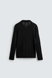 Maglione Polo da Uomo <span class=keywords><strong>di</strong></span> Design in <span class=keywords><strong>Pizzo</strong></span> Nero a Maniche Lunghe, Pullover Traforato Trasparente con Colletto Smerlato per un Look Avanguardista - Product Image 5