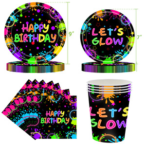 Vaisselle de fête sur le thème du néon, assiettes en papier, gobelets, serviettes, fournitures de fête d'anniversaire néon, jetables, pour usage en intérieur - Product Image 1