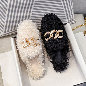 Femmes hiver laine d'agneau appartements <span class=keywords><strong>Mules</strong></span> Femme chaîne décor peluche bouclés fourrure fourrure moelleux mocassins pantoufles - Product Image 2